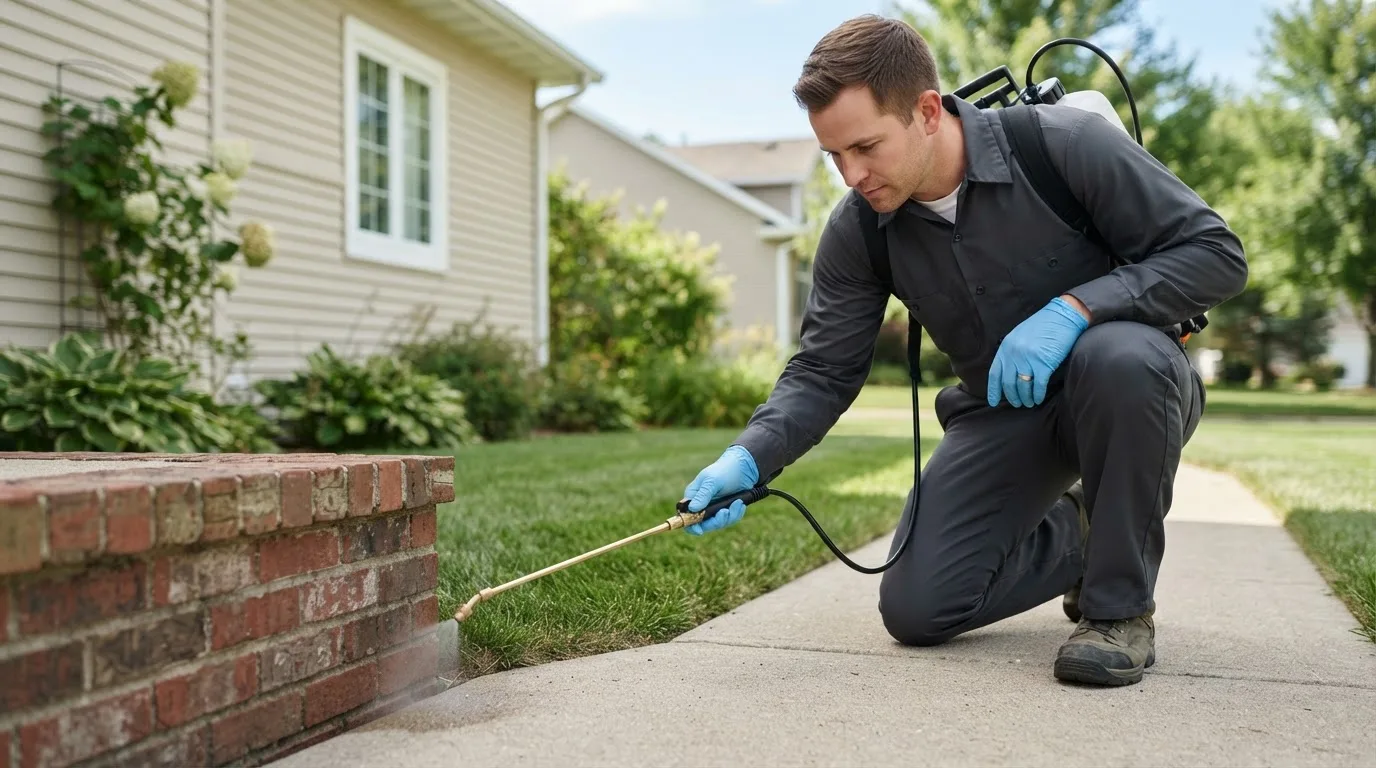 Pest control technician treating a home near West Portsmouth, OH